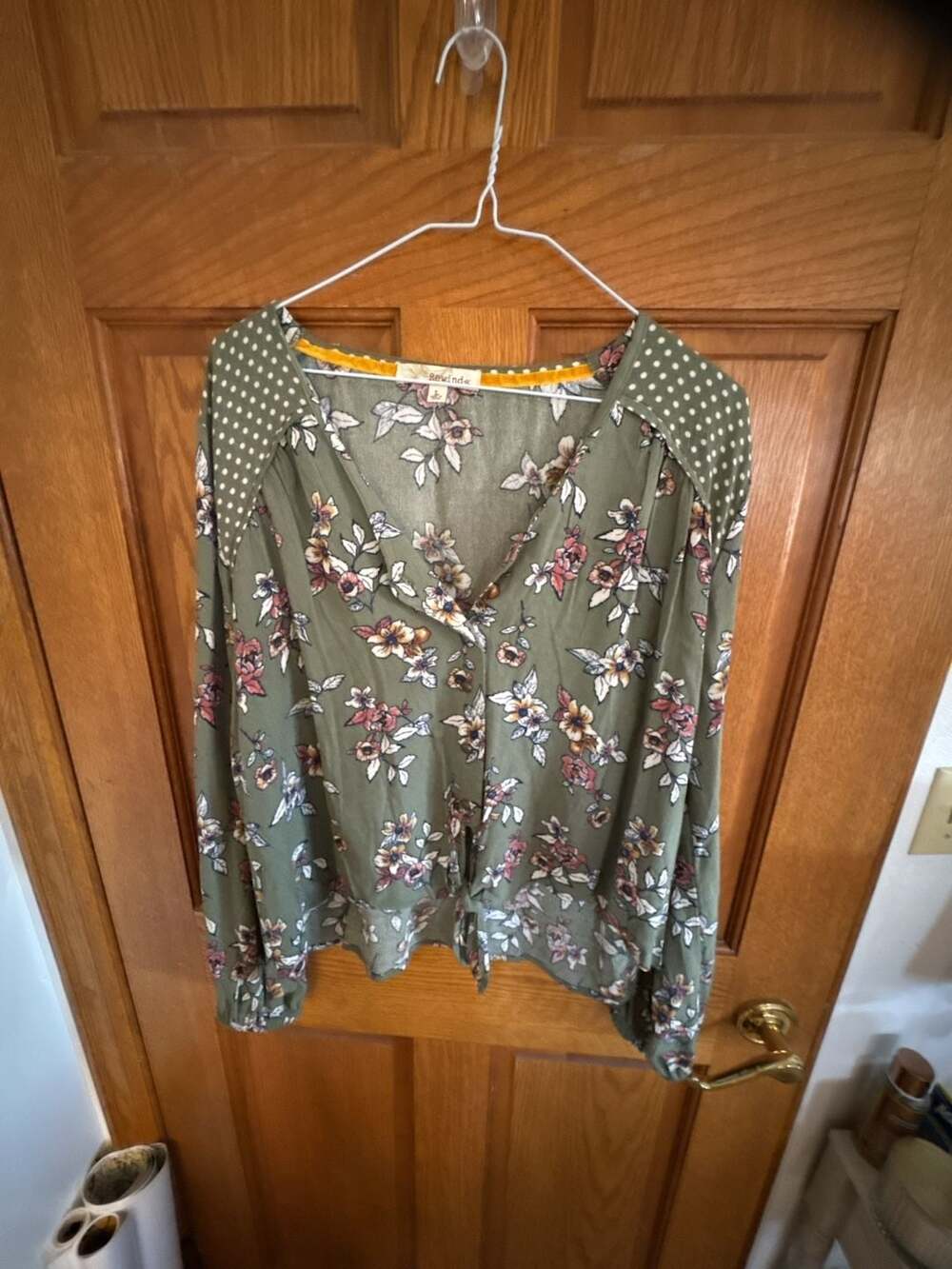 Rewind Green Floral and Polka Dot Print Long Sleeve Tie-Hem Blouse Size L